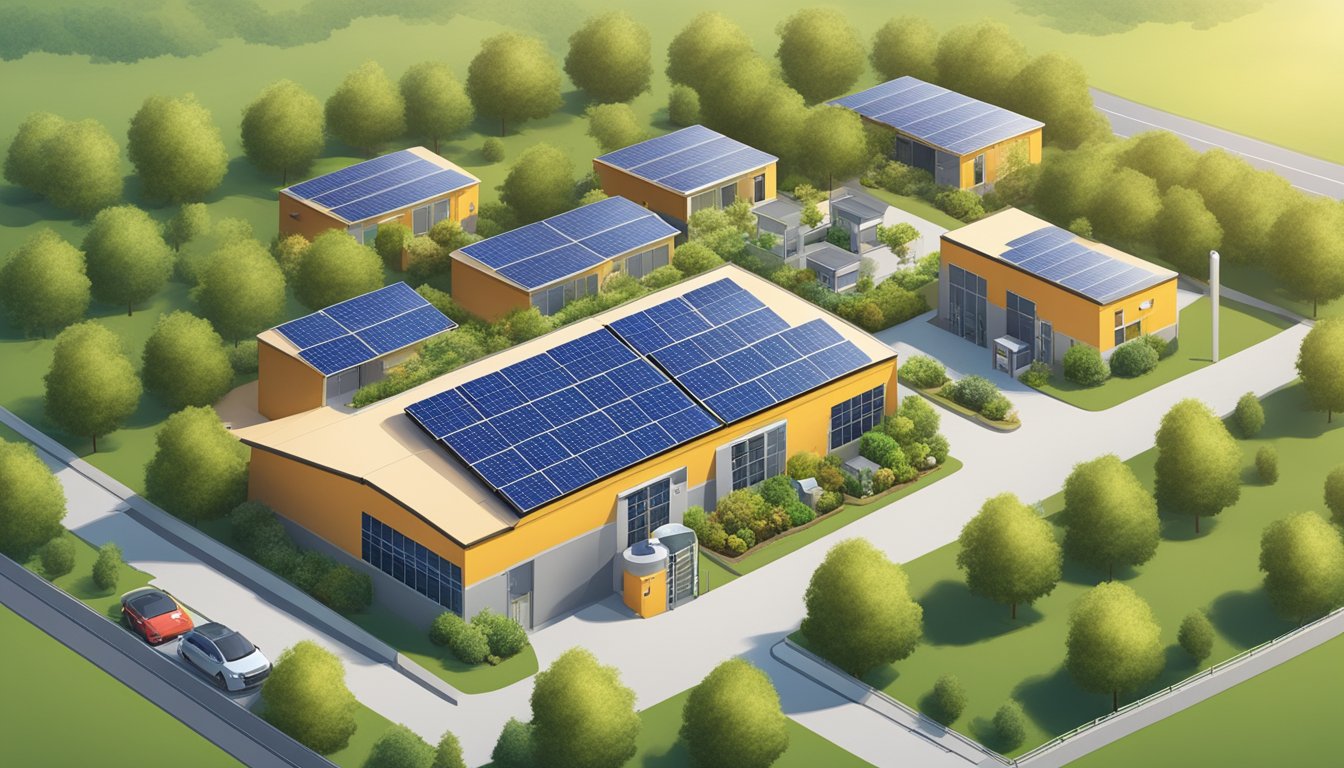 A self-storage facility with solar panels, recycling bins, and green landscaping surrounded by trees and wildlife