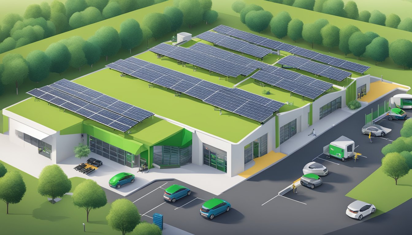 A modern self-storage facility surrounded by lush greenery and solar panels, with electric vehicles and bicycles parked outside