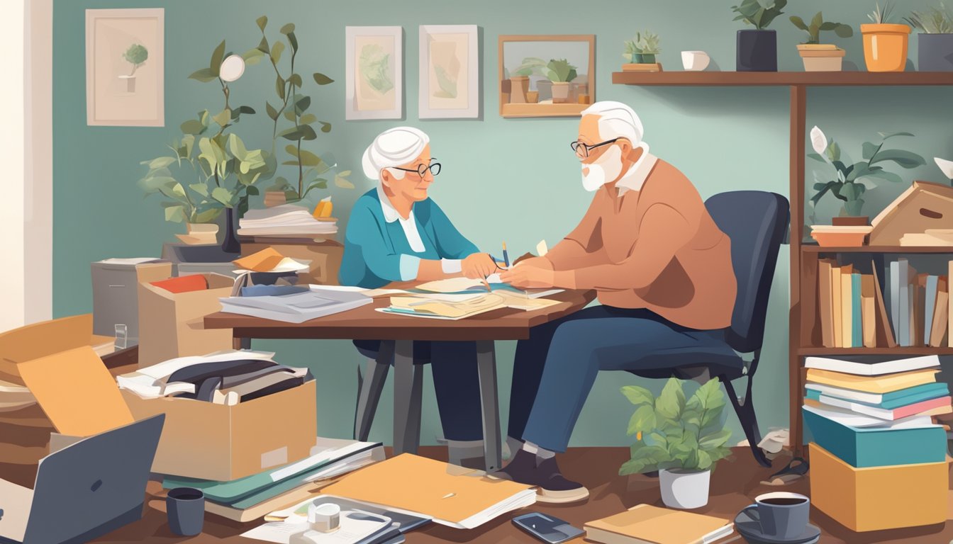 A senior sits at a cluttered table, surrounded by belongings. A professional organizer offers support and guidance, creating a sense of calm and relief