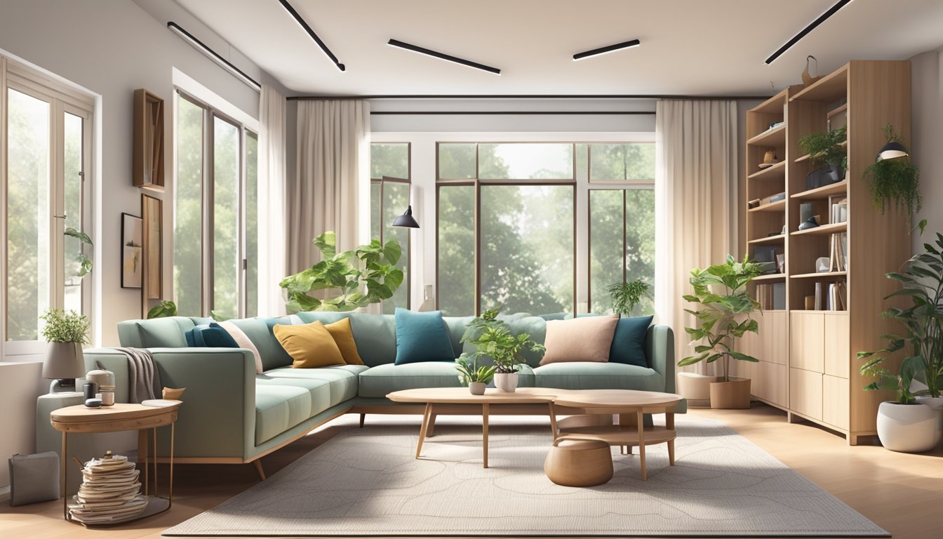 A cozy and clutter-free living room with multi-functional furniture, ample natural light, and calming color scheme