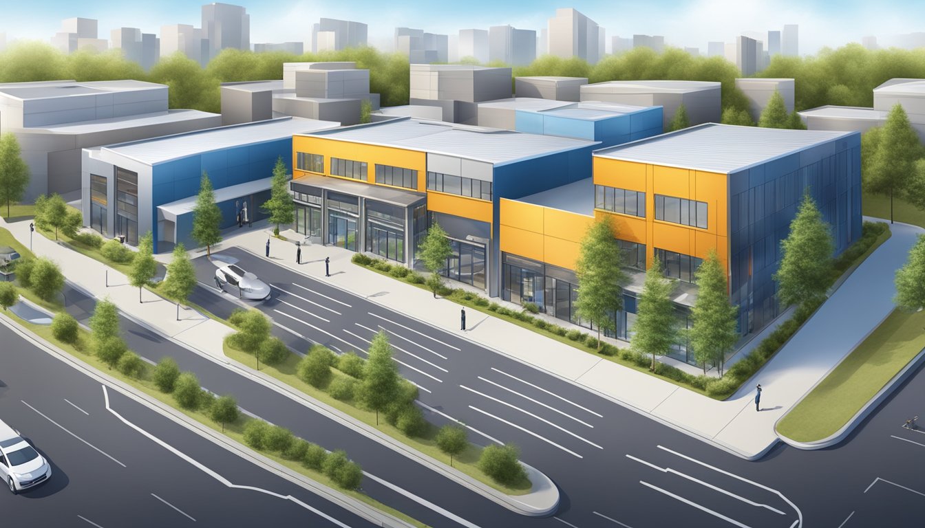 A modern self-storage facility with advanced security features and high-tech amenities, surrounded by urban development and changing customer needs