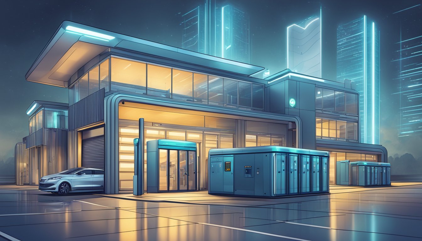 A futuristic self-storage facility with advanced security features, including biometric scanners, surveillance drones, and automated locking systems