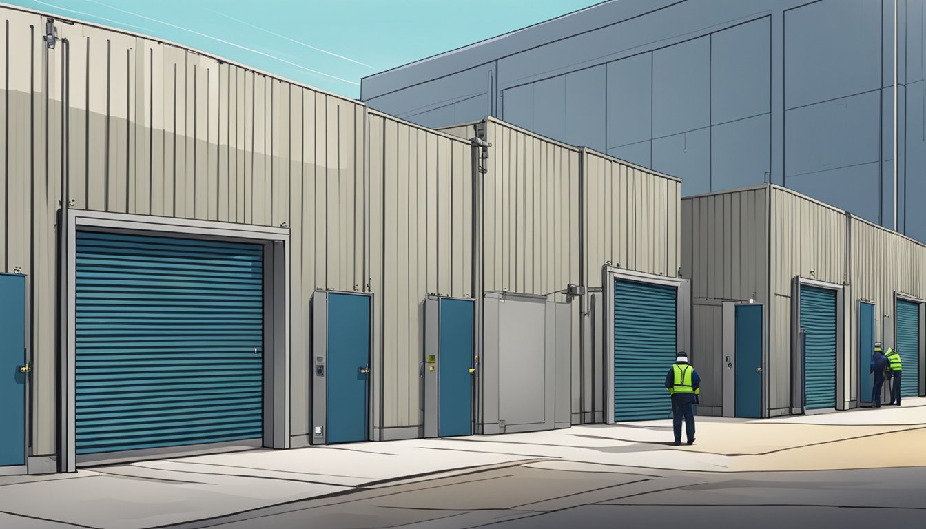 A storage unit facility with reinforced gates, high fences, motion sensor lights, and security personnel patrolling the area