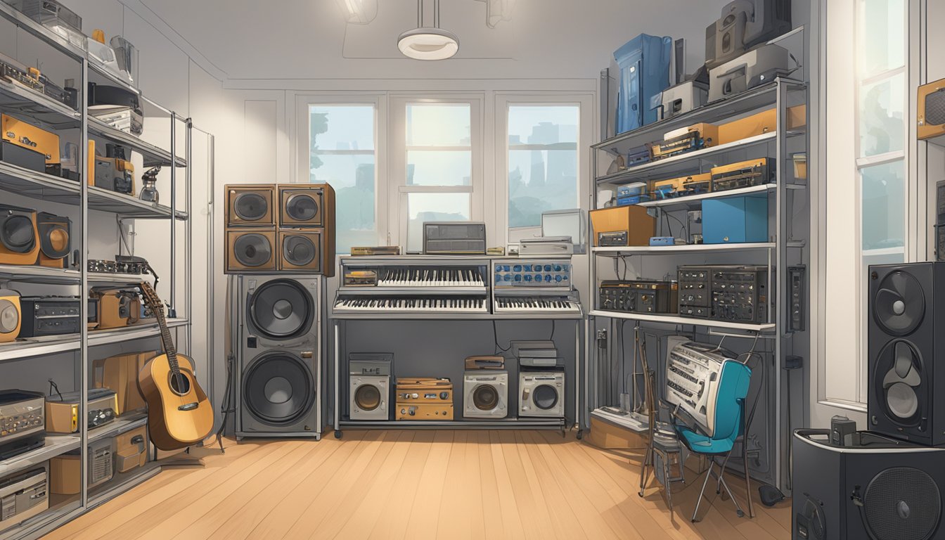 A climate-controlled room with various musical instruments neatly organized on shelves and stands, with a dehumidifier and thermometer visible in the background