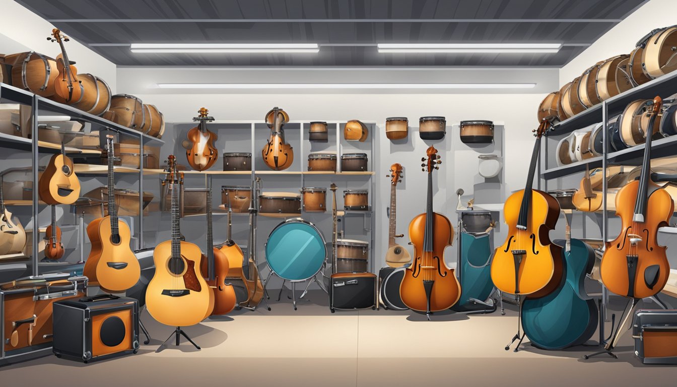 A variety of musical instruments neatly organized in a spacious, climate-controlled storage room with padded shelves and instrument-specific cases