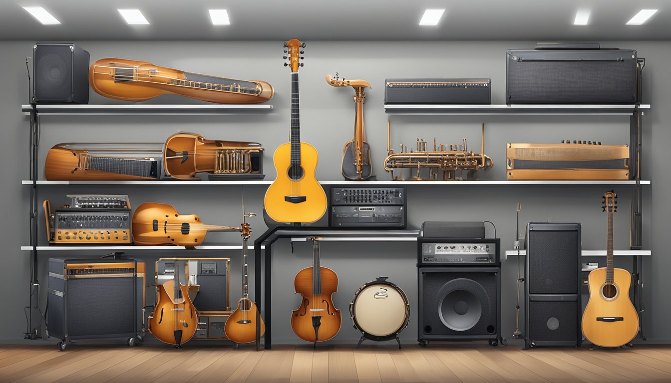 A row of musical instruments neatly stored in various storage solutions, including cases, shelves, and racks, surrounded by a clean and organized space