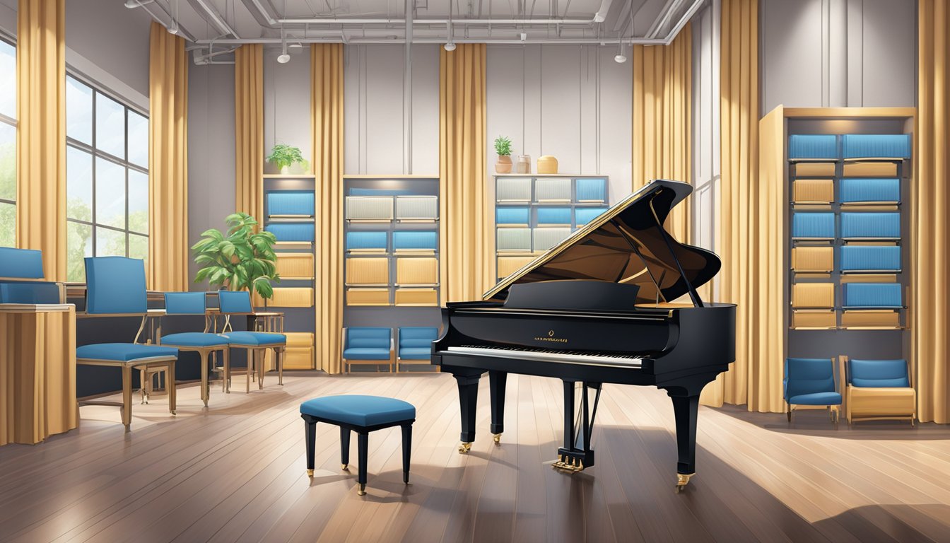 A climate-controlled room with rows of upright and grand pianos covered in protective fabric, surrounded by padded walls and shelves of instrument accessories