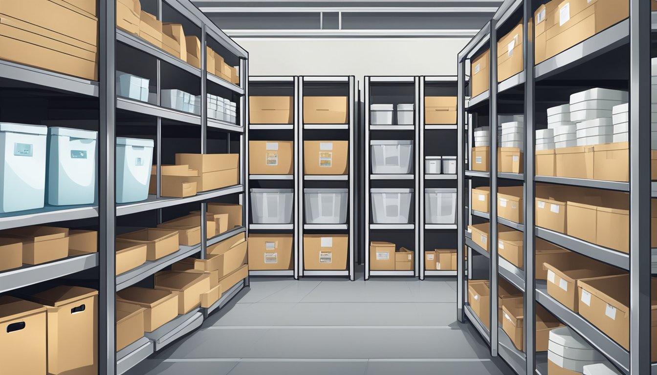 A clean, organized storage room with labeled shelves and bins for efficient inventory management