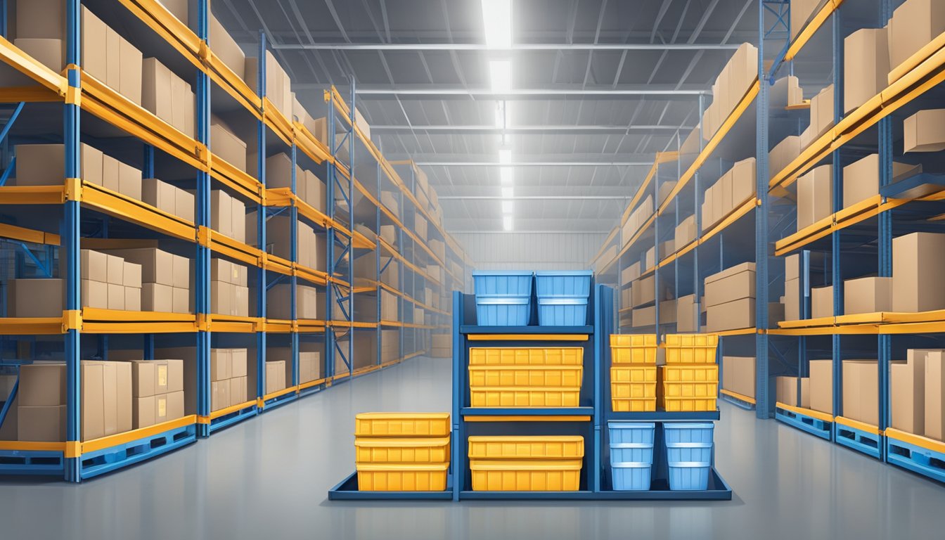 A warehouse with neatly organized shelves and labeled storage bins, showing a clear and efficient labeling strategy for easy access and inventory management