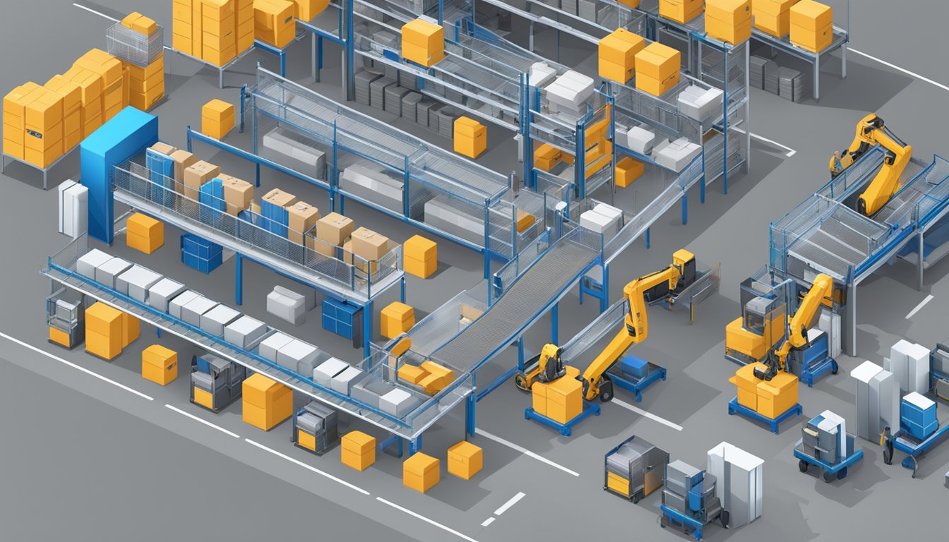 A modern warehouse with automated conveyor belts and robotic arms labeling and organizing storage bins