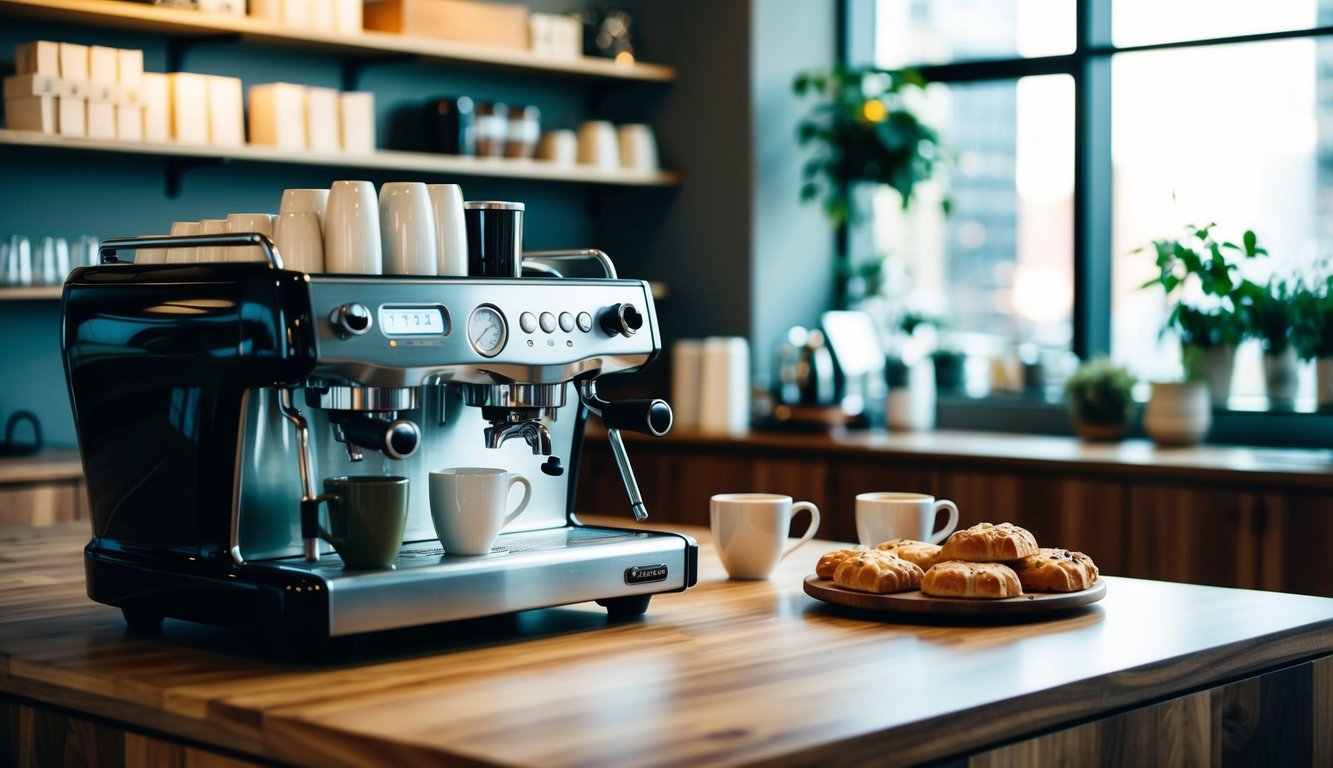 A cozy office coffee space with a sleek espresso machine, a variety of mugs, and a selection of freshly baked pastries on a wooden countertop