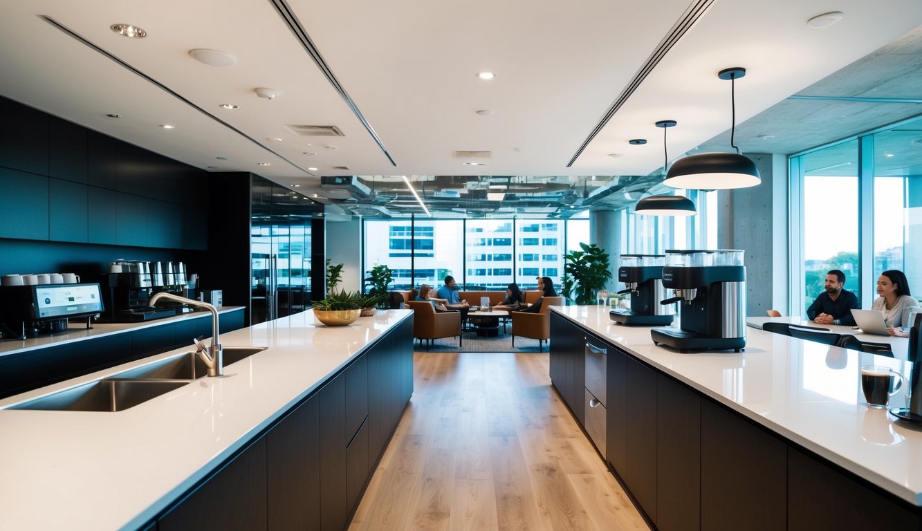 A modern, spacious office coffee space with sleek countertops, a variety of coffee machines, and a cozy seating area for employees to relax and socialize