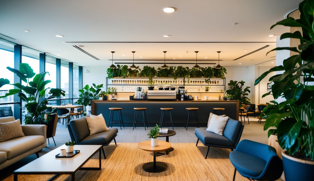 A cozy office coffee space with comfortable seating, natural lighting, and a variety of plants. A large, inviting coffee bar is the focal point, with modern, minimalist decor throughout