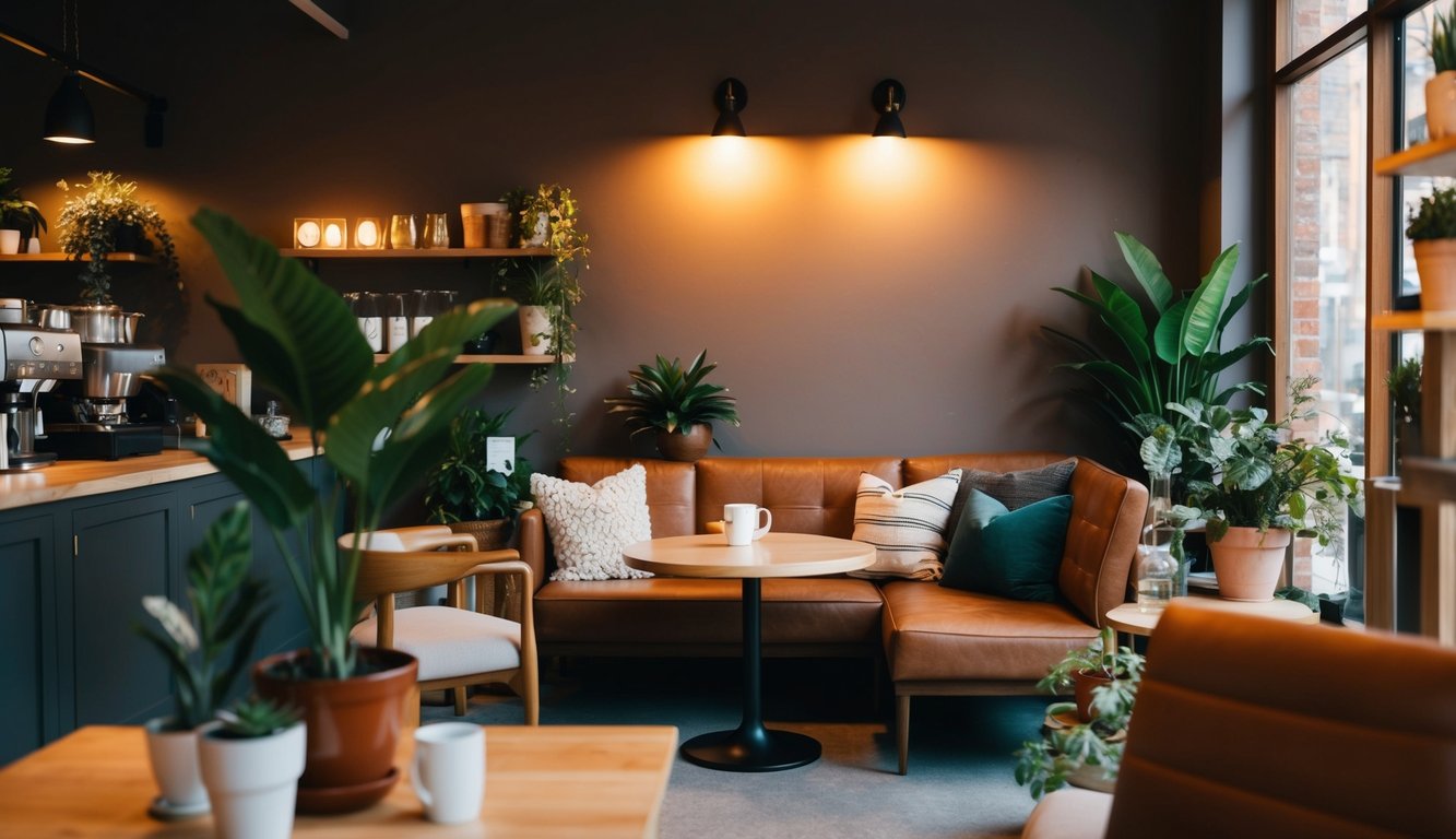 A cozy coffee space with warm lighting, comfortable seating, and a variety of plants