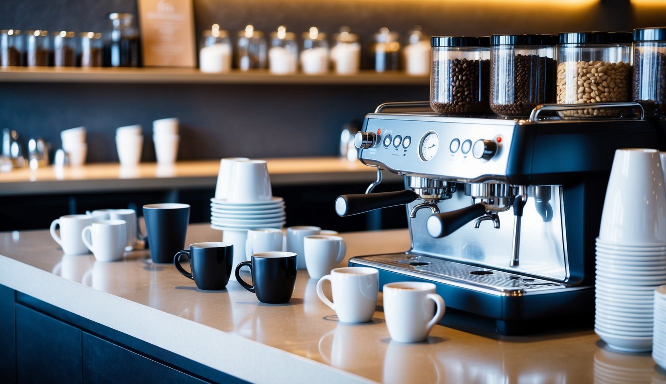 A sleek coffee bar with a variety of coffee beans displayed in glass jars. A modern espresso machine and a selection of mugs and to-go cups are neatly arranged on the counter