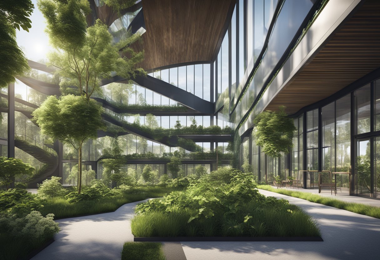 A modern green building with solar panels, wind turbines, and lush vegetation surrounding it