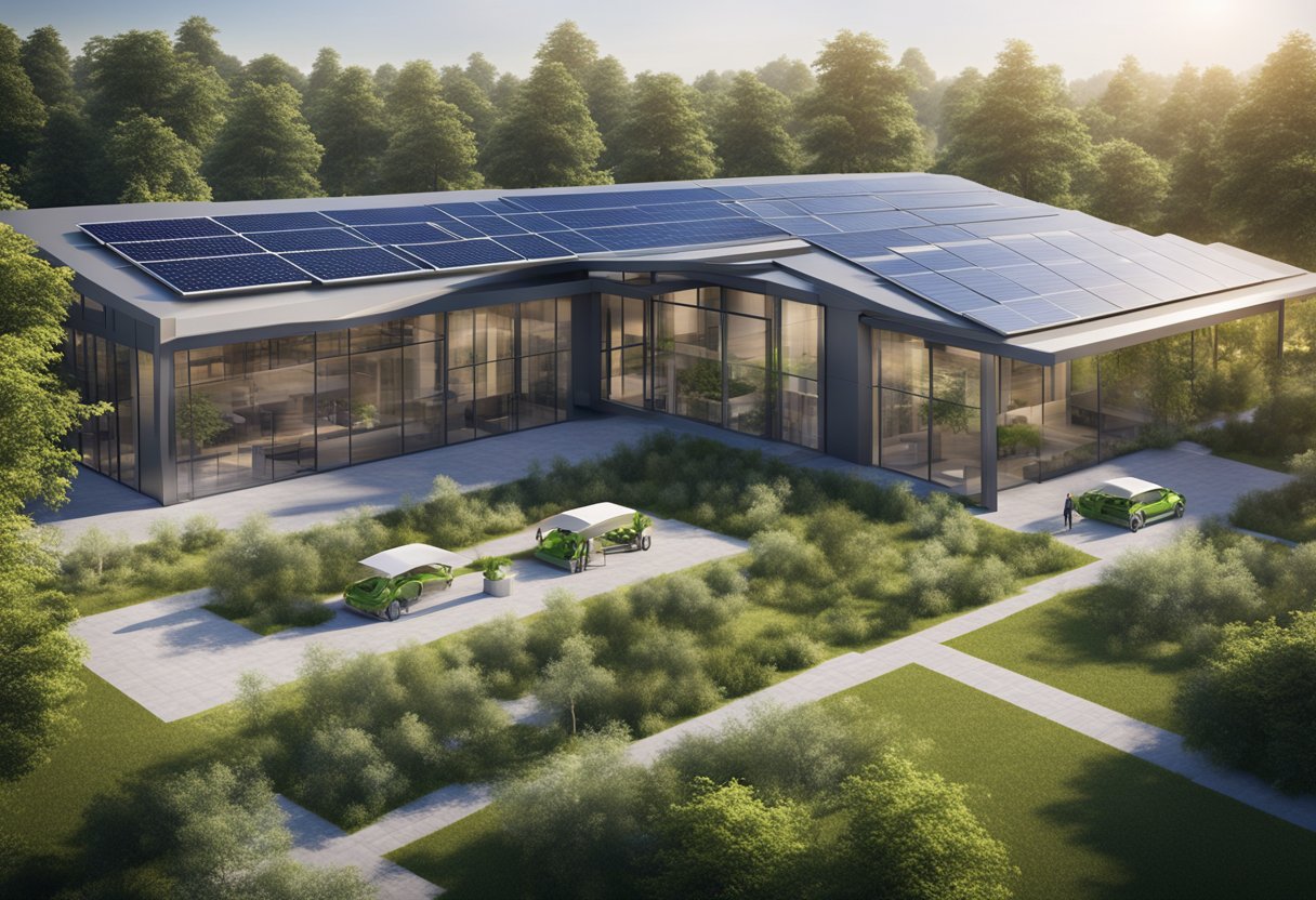 A modern green building with solar panels, wind turbines, and efficient windows