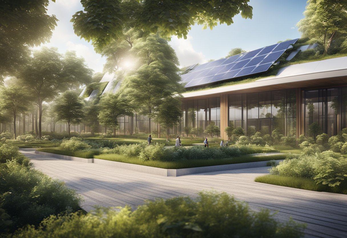 A modern green building with solar panels, wind turbines, and greenery integrated into the design, surrounded by energy-efficient technology and sustainable materials