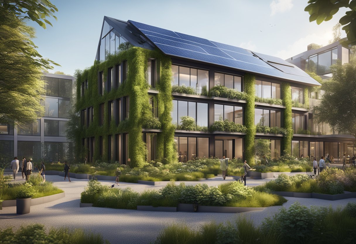 A modern, eco-friendly building with solar panels, green roofs, and energy-efficient windows, surrounded by lush landscaping and recycling bins