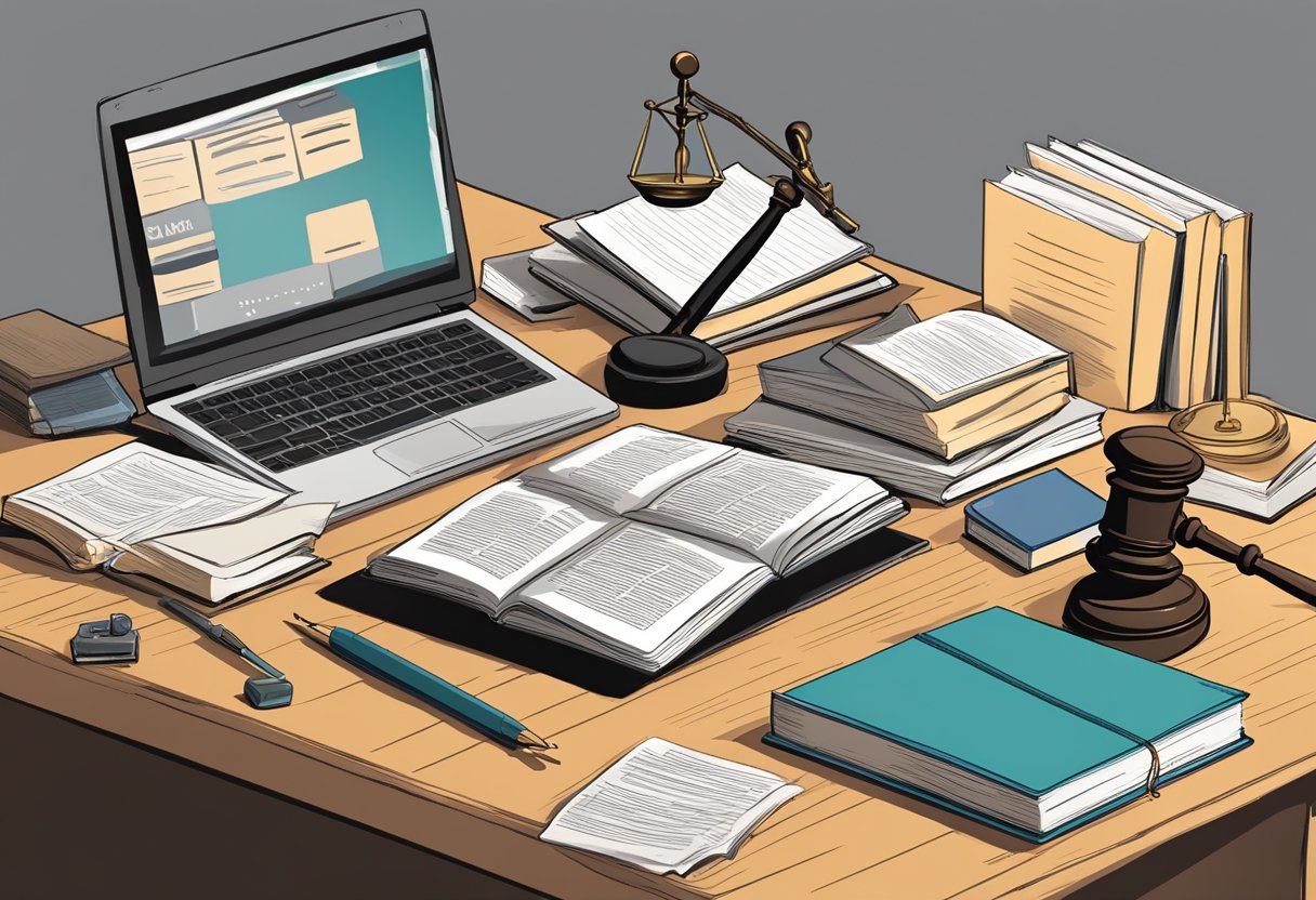 Uma mesa bagunçada com livros de direito, um martelo e uma balança da justiça. Um laptop exibe "Fundamentação do Processo Penal" enquanto papéis e canetas estão espalhados ao redor.