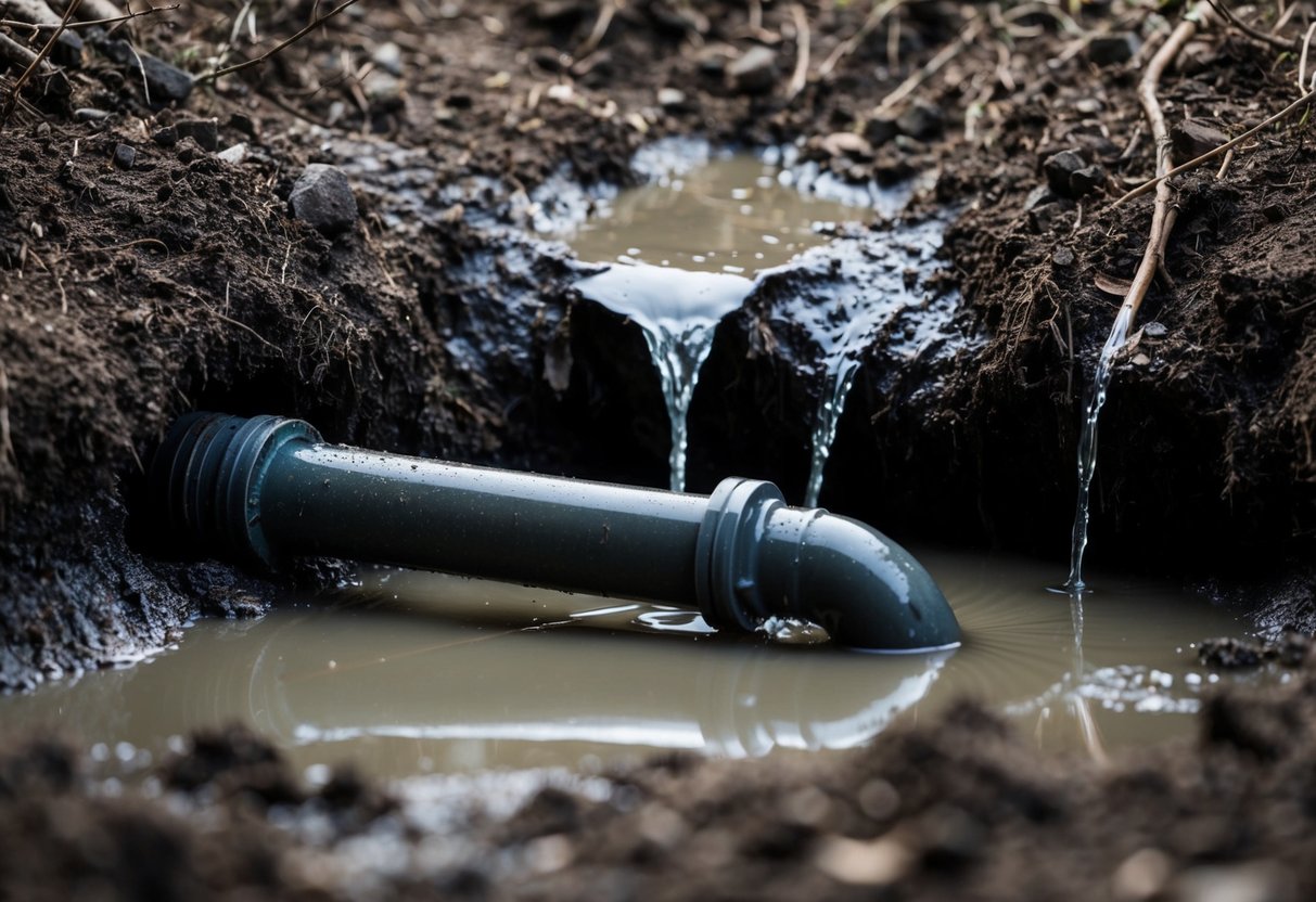 A cracked pipe leaks water underground, causing the soil to become saturated and muddy