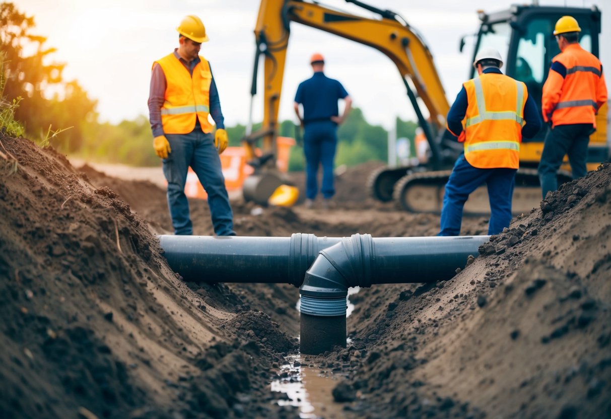 A crew excavates soil to expose a leaking pipe underground