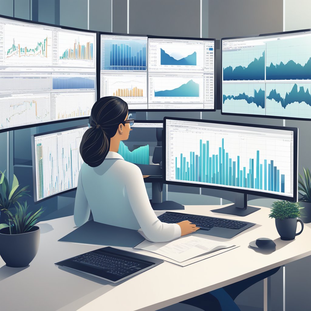 Uma mulher trader analisando gráficos de ações em múltiplas telas de computador em um ambiente de escritório moderno