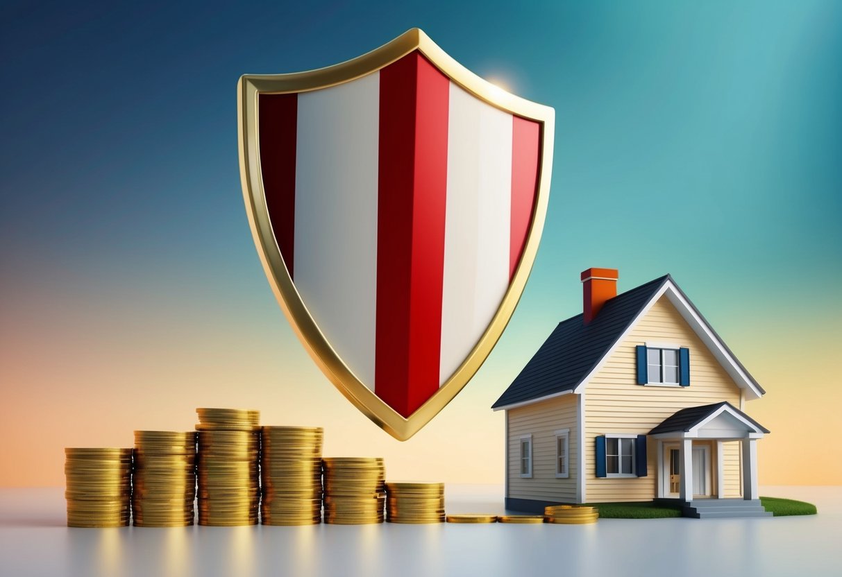 A shield hovering over a stack of gold coins and a house, guarding them from harm