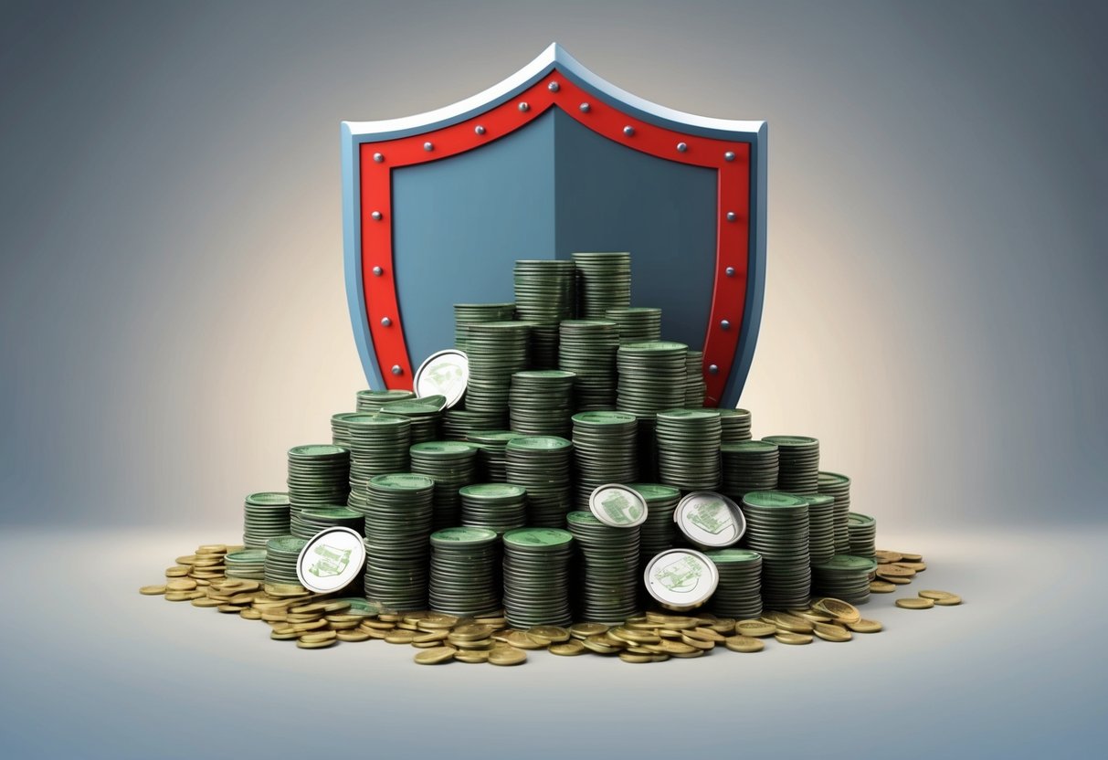 A strong, sturdy shield surrounds a pile of valuable assets, guarding them from potential threats and dangers