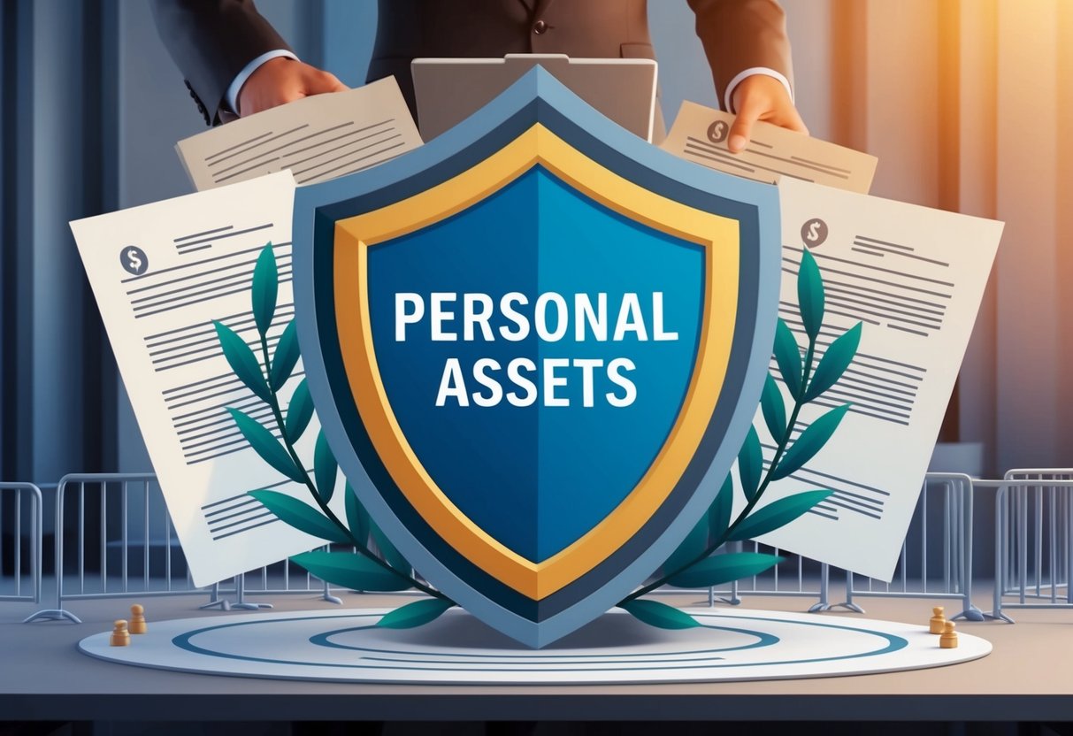 A person's personal assets surrounded by a shield, with legal documents and barriers in the background