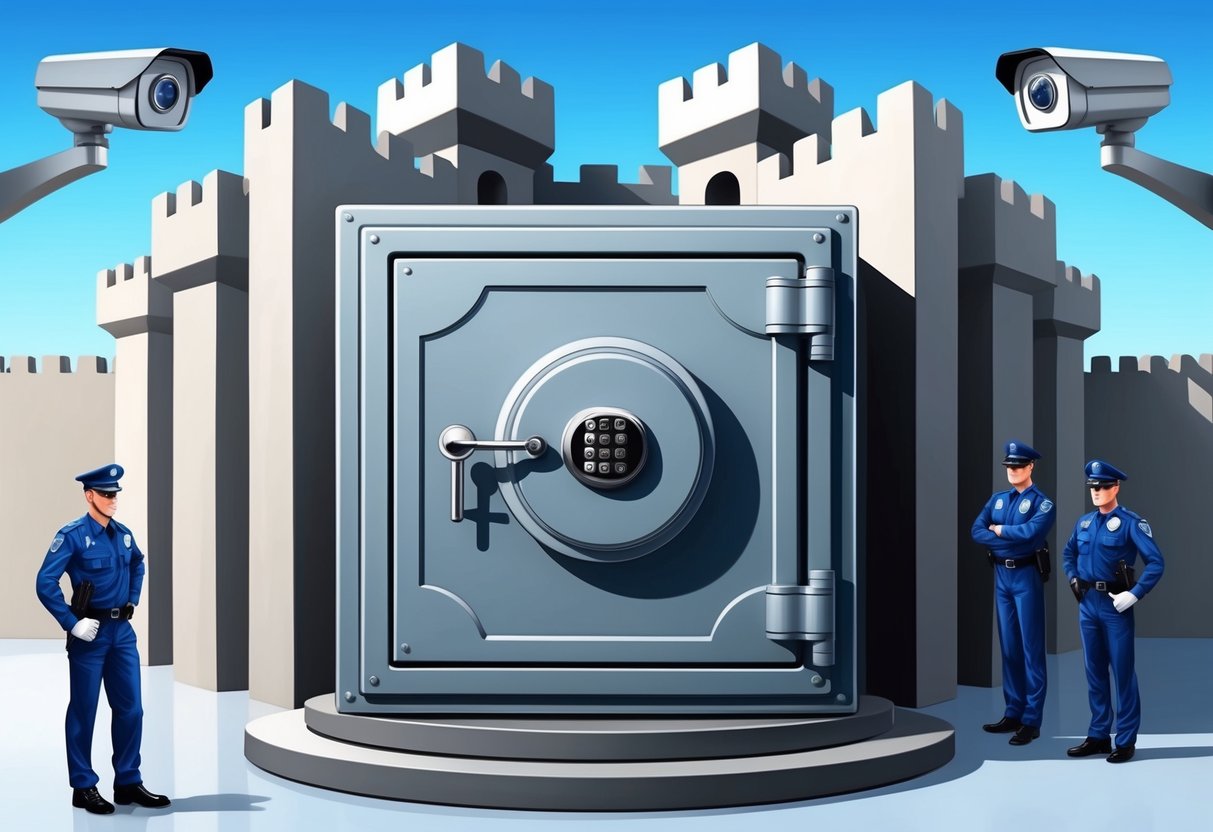 A sturdy vault with a combination lock, surrounded by a fortress-like structure, guarded by security cameras and a vigilant security team