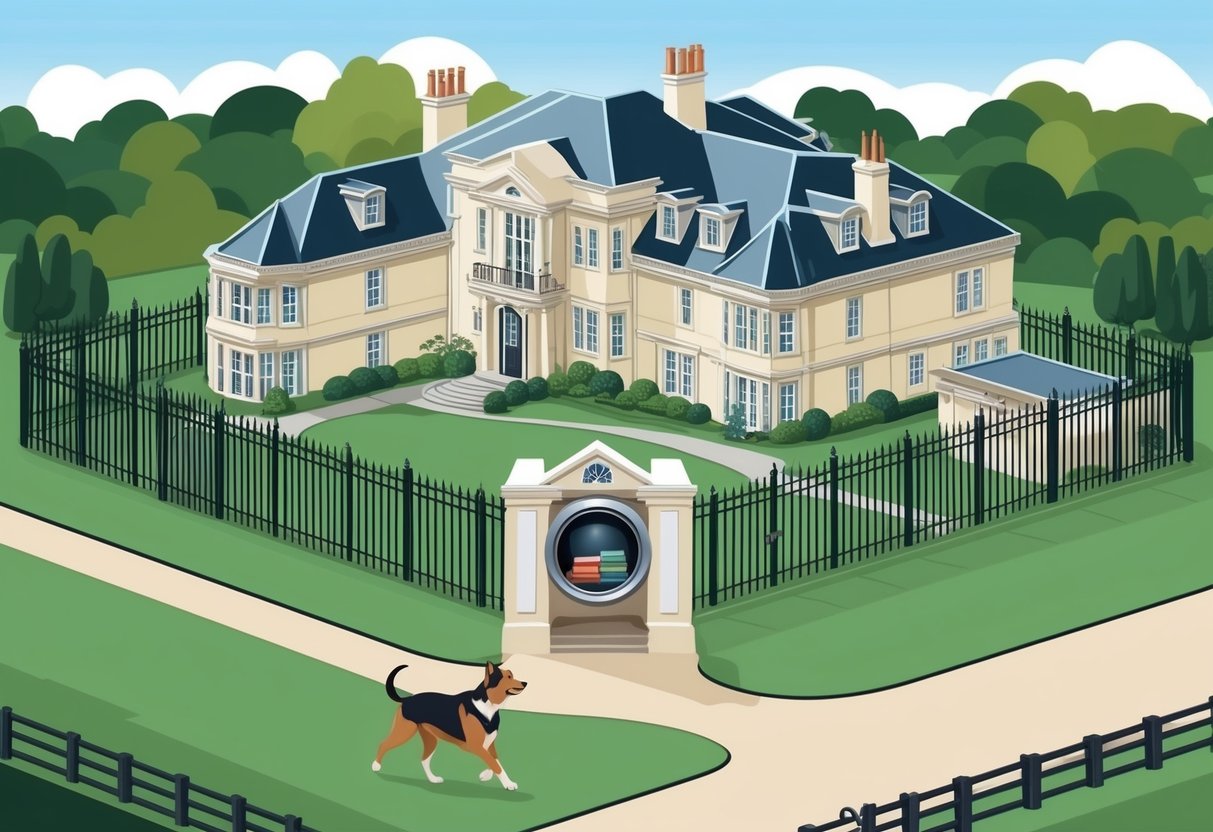 A grand estate surrounded by a sturdy fence, with a guard dog patrolling the grounds. A vault inside the house holds valuable assets