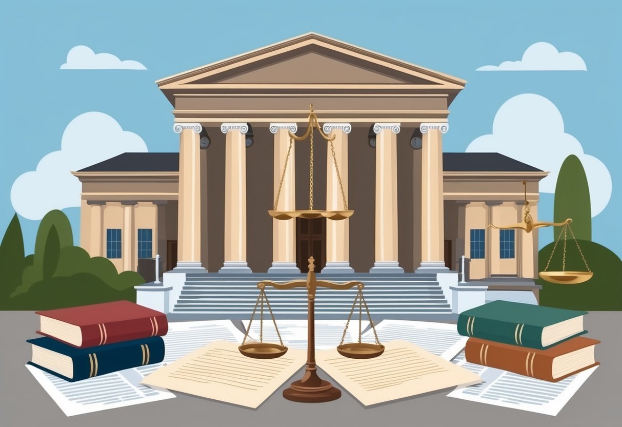 A grand courthouse with pillars and a scale, surrounded by documents and legal books, symbolizing the historical context of asset protection trusts