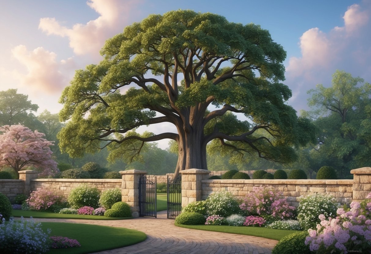 A grand oak tree towering over a sturdy stone wall, protecting a tranquil garden filled with blooming flowers and lush greenery