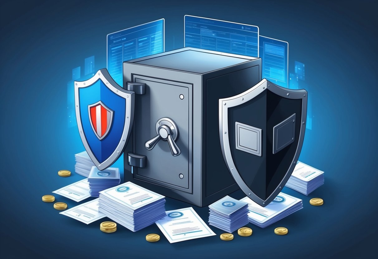A secure vault surrounded by legal documents and financial assets, with a shield protecting it from external threats