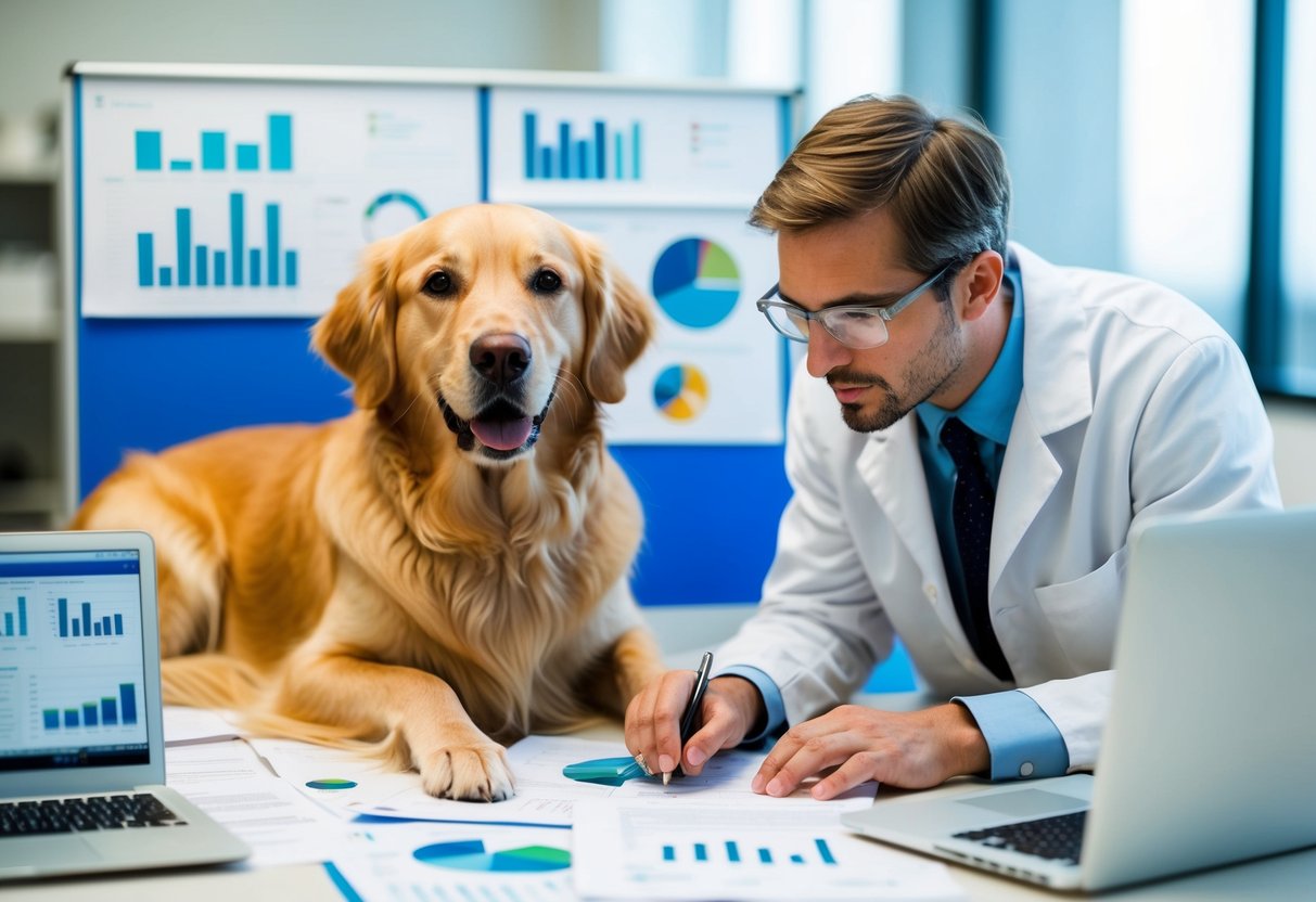 A golden retriever surrounded by research papers and a laptop, with a scientist carefully examining data charts and graphs