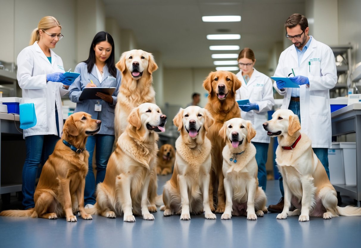 A group of golden retrievers of different ages and sizes are gathered in a research facility, while scientists observe and take notes on their behavior and health