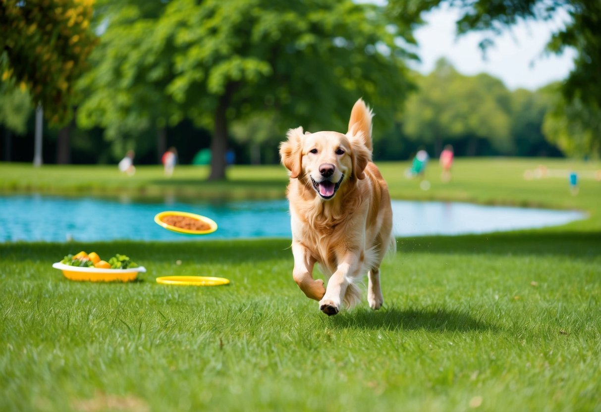 A golden retriever running through a lush, green park, surrounded by healthy food and engaging in various activities like playing fetch and swimming in a pond