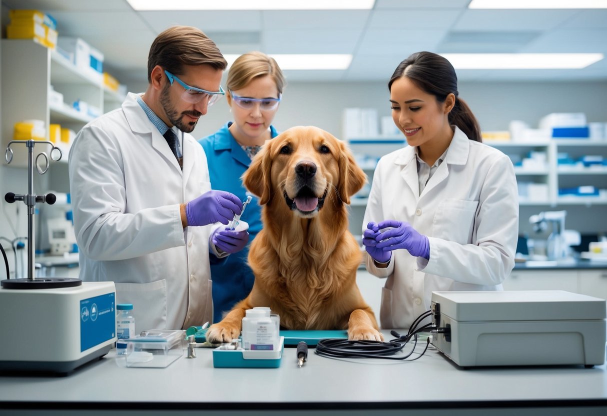 A golden retriever surrounded by veterinary equipment and researchers in a modern laboratory setting