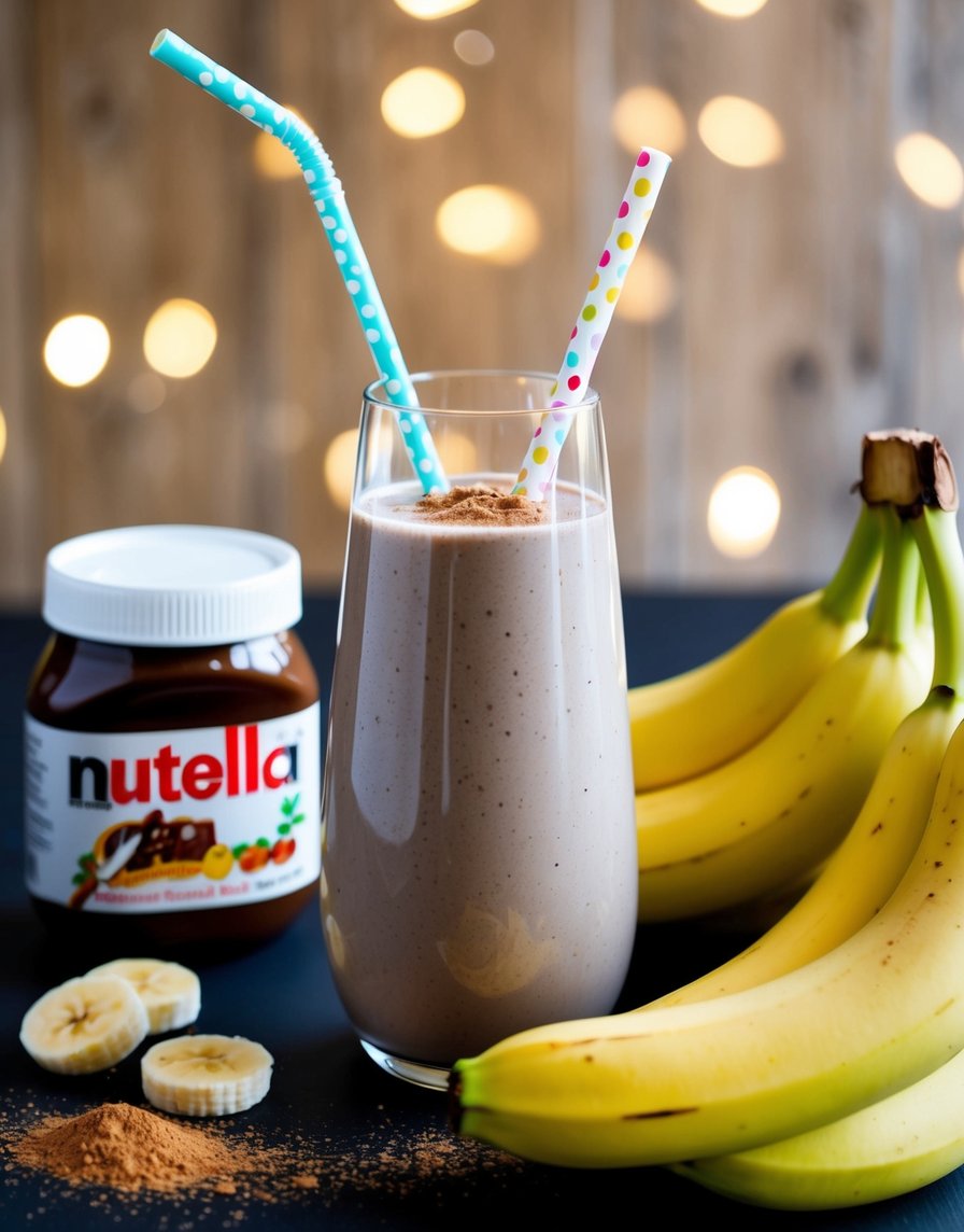 A glass of Nutella banana smoothie surrounded by fresh bananas and a jar of Nutella, with a decorative straw and a sprinkle of cocoa powder on top