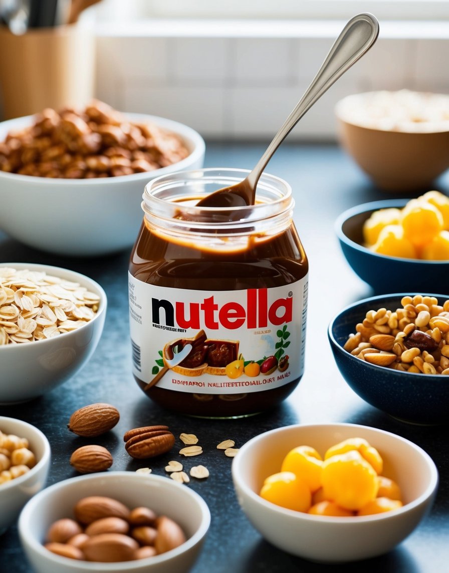 A bottle of Nutella sits at a kitchen counter surrounded by bowls of oats, nuts and fruit. The spoon is ready to mix the ingredients together.