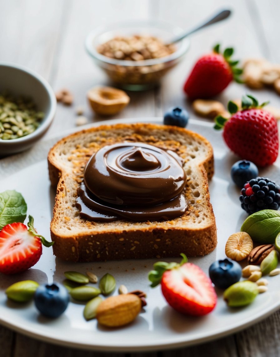 Whole-grain toast slices topped with Nutella and surrounded by a variety of healthy ingredients such as berries, nuts and seeds