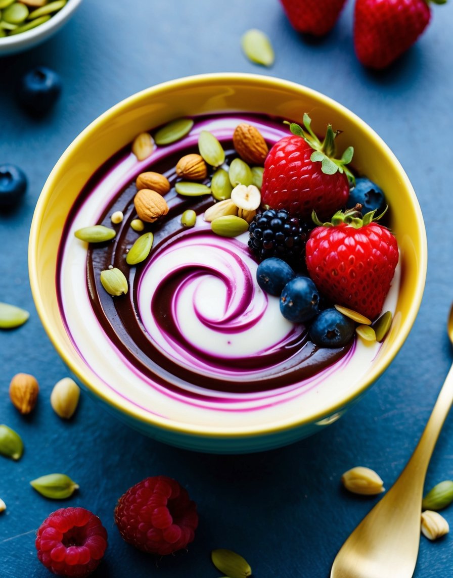 A colorful bowl filled with swirls of nutella and berry yogurt topped with fresh berries, nuts and seeds