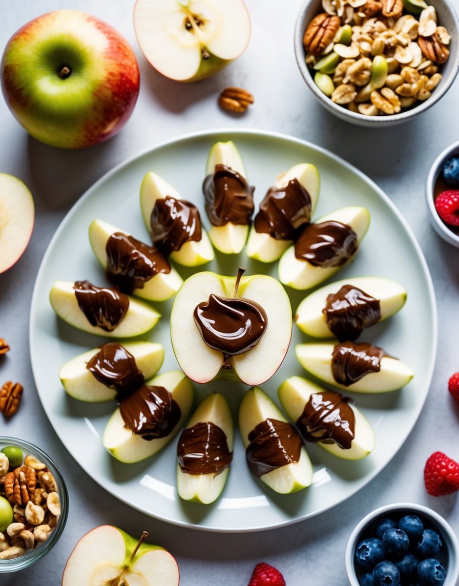 Apple slices dipped in Nutella arranged on a plate, surrounded by various healthy toppings like nuts and berries