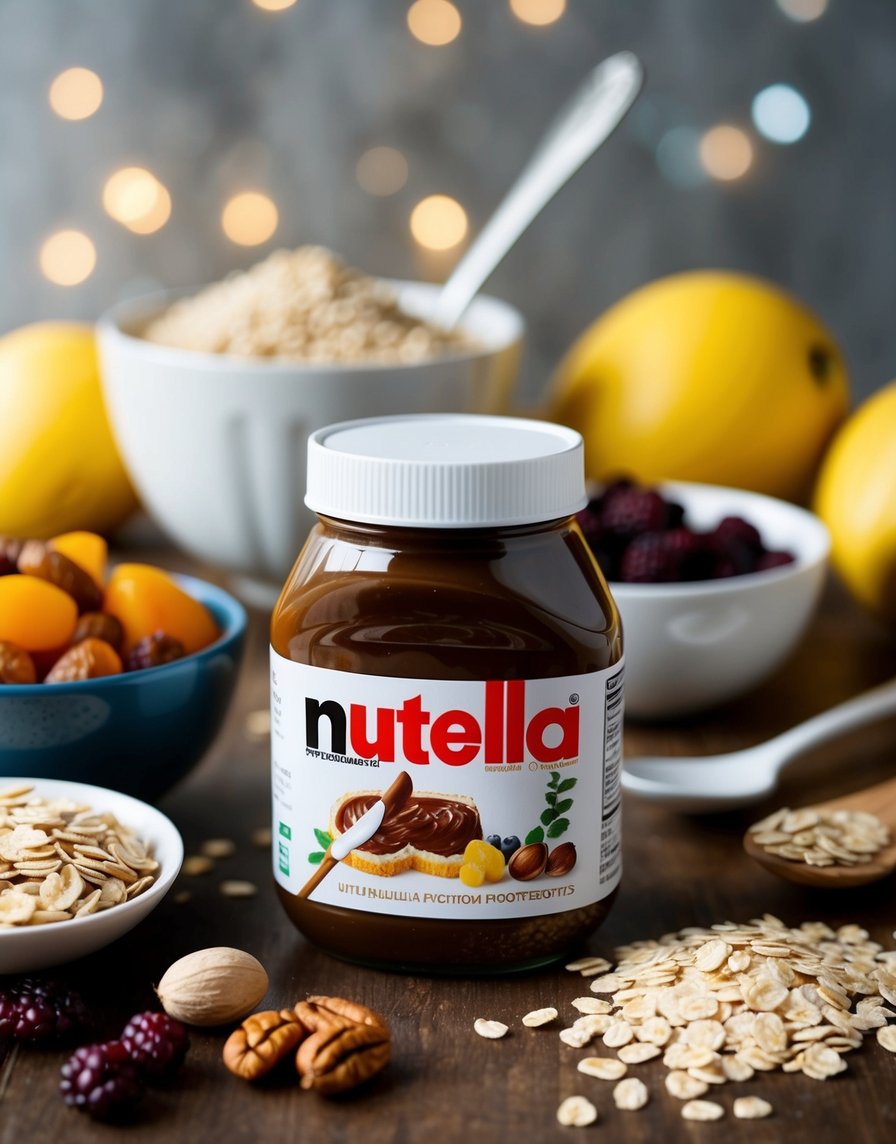 A jar of Nutella surrounded by various healthy ingredients like oats, nuts, and dried fruit, with a bowl and spoon ready for mixing