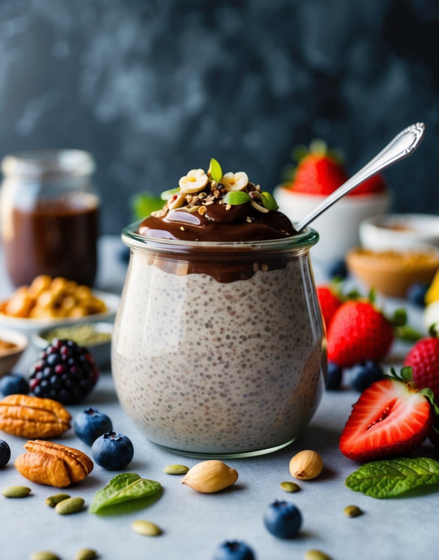 Glass jar filled with Nutellachi aprinus surrounded by a variety of healthy ingredients, including berries, nuts, and seeds