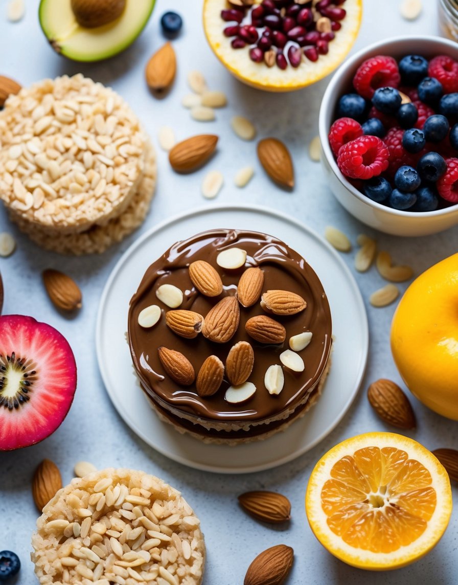 Nutella rice cake spreads topped with almonds surrounded by a variety of healthy ingredients such as fruits and nuts.