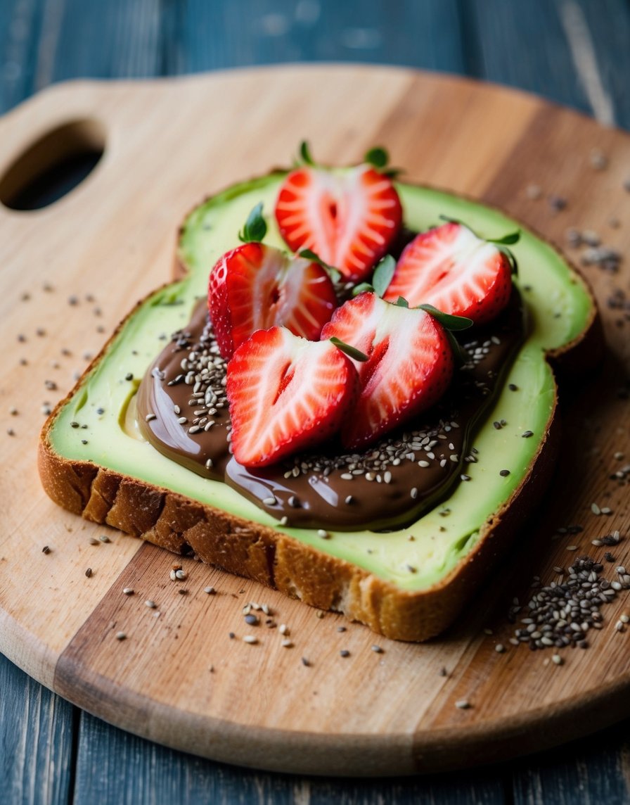 Avocado toast slices spread in Nutella, topped with sliced ​​strawberries and chia seeds, sitting on a wooden cutting board