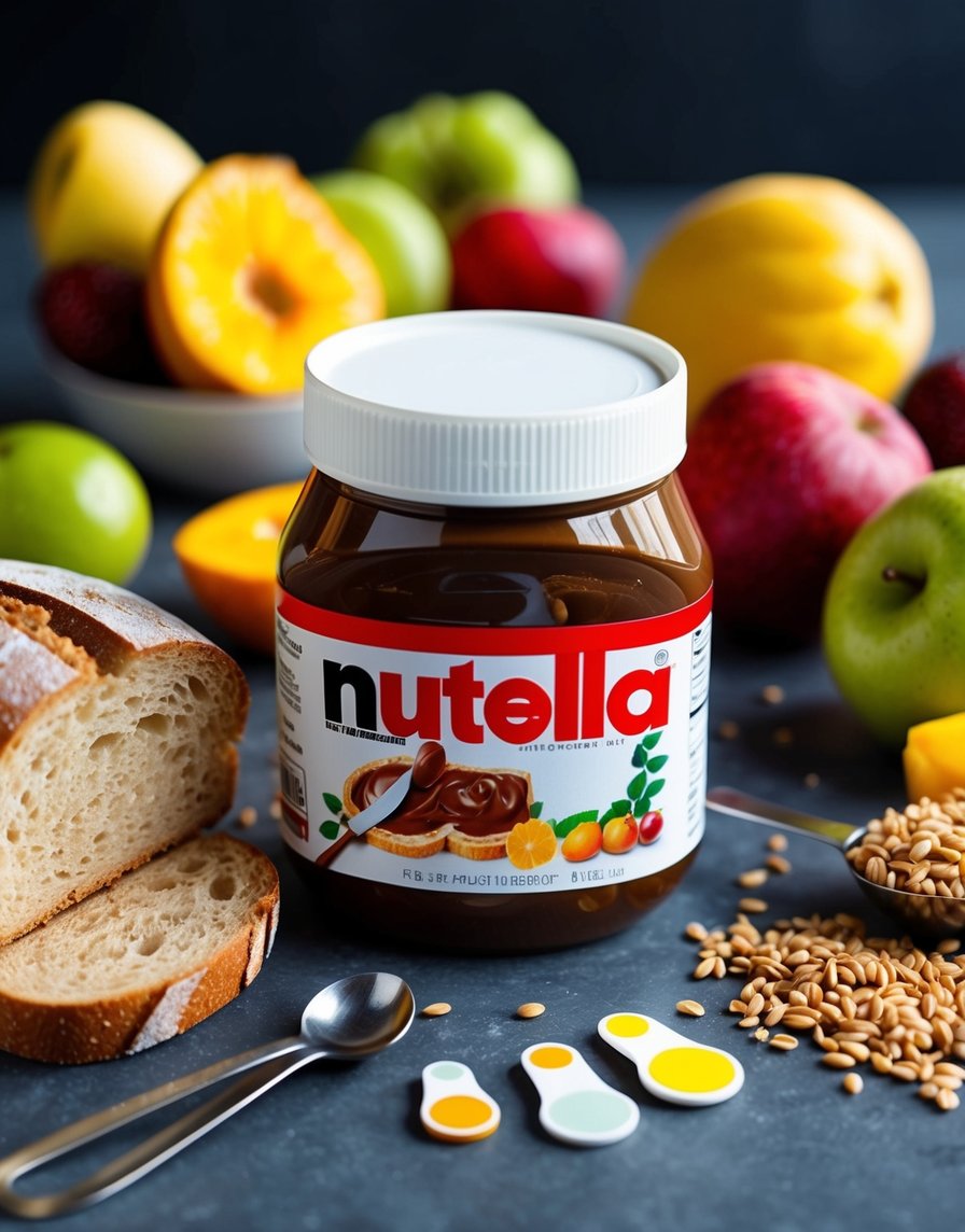 A bottle of Nutella surrounded by a variety of fruits and whole grain bread.