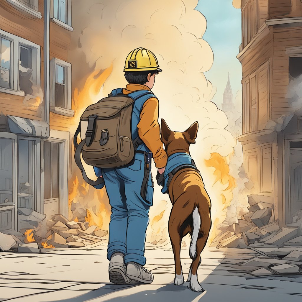 A loyal dog rescues a child from a burning building, carrying them to safety in its jaws
